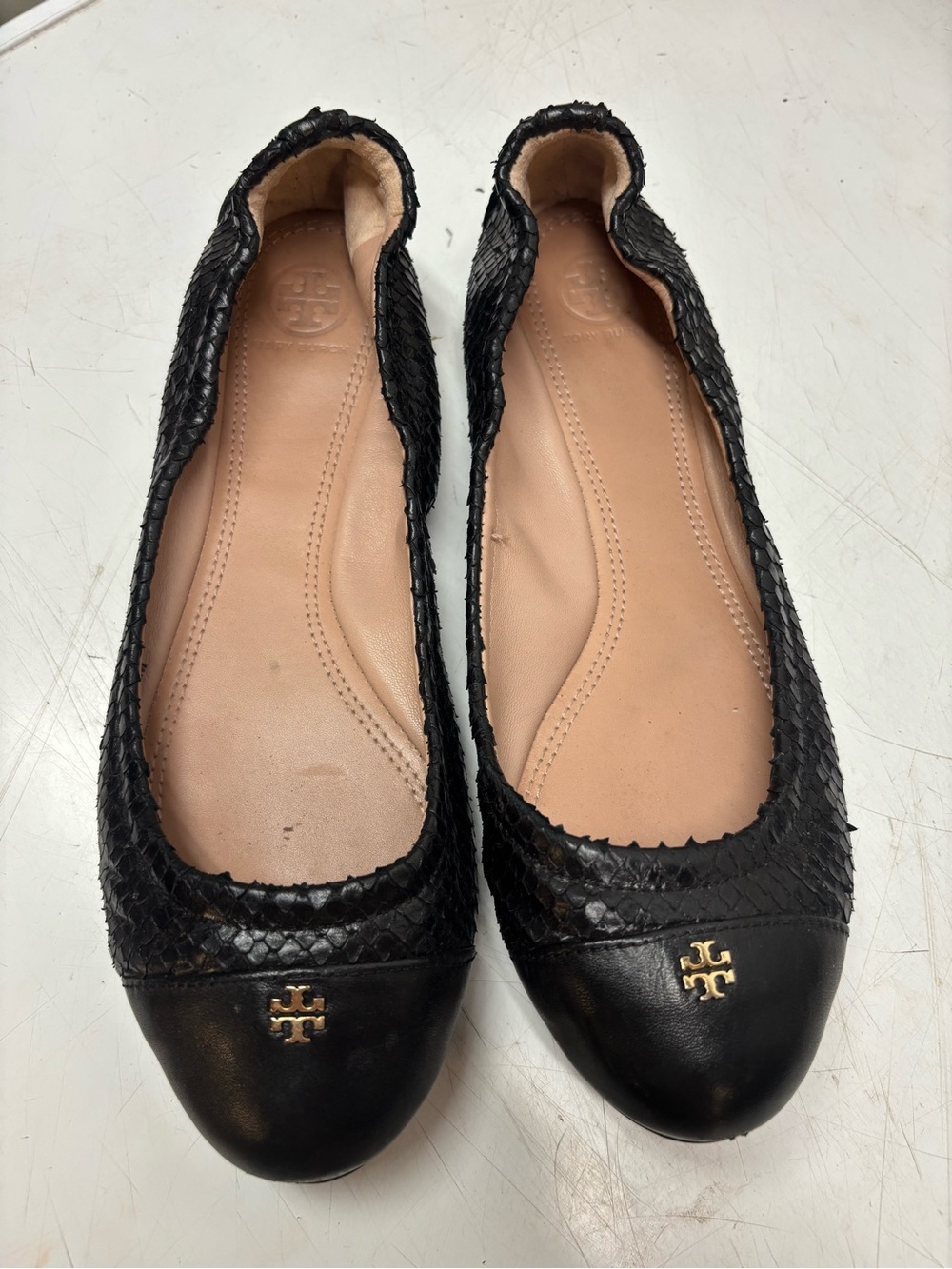 Tory Burch Black Woven Leather Ballet Flats with Gold Logo
